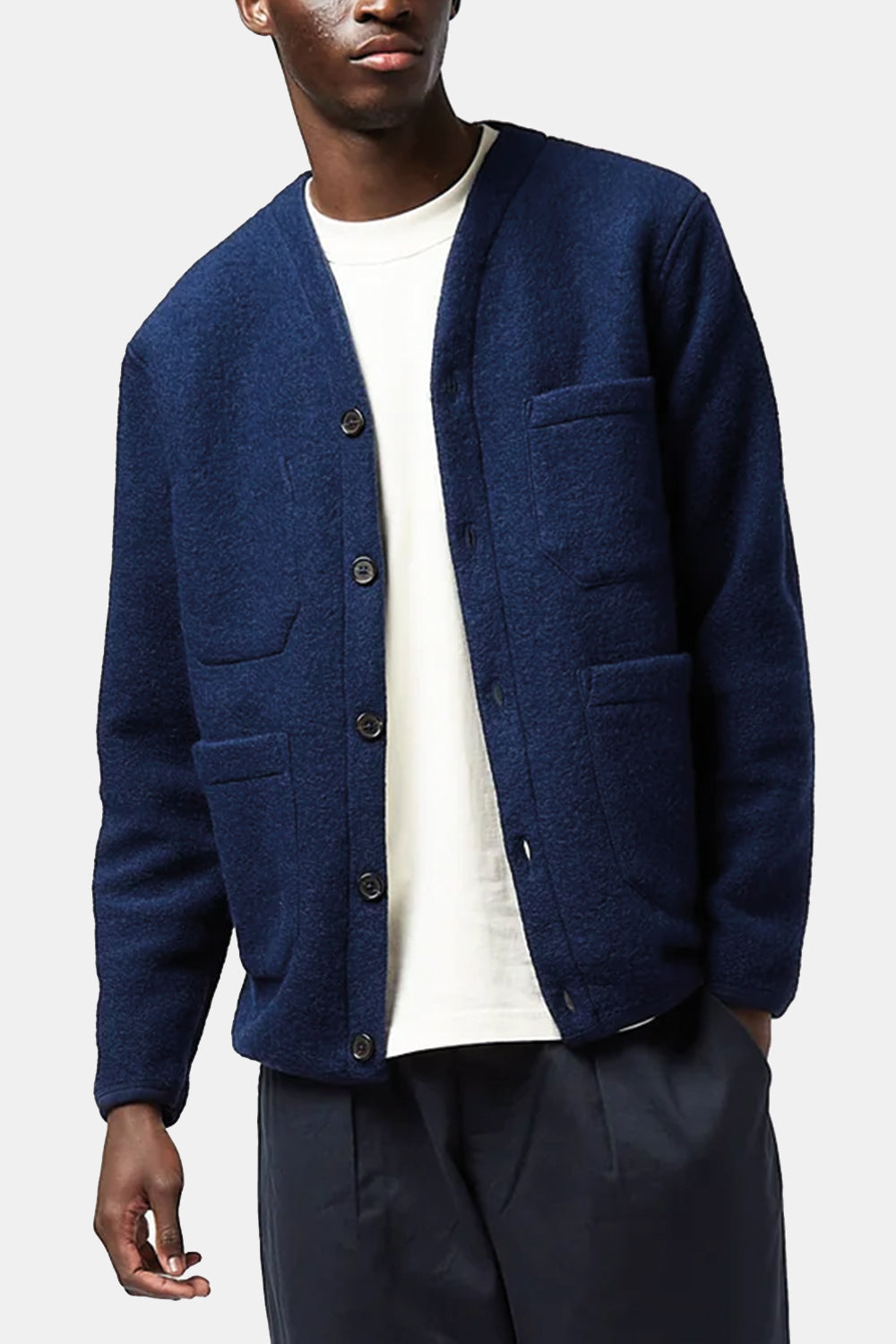 Universal Works Wool Fleece Cardigan (Indigo Blue) | Number Six