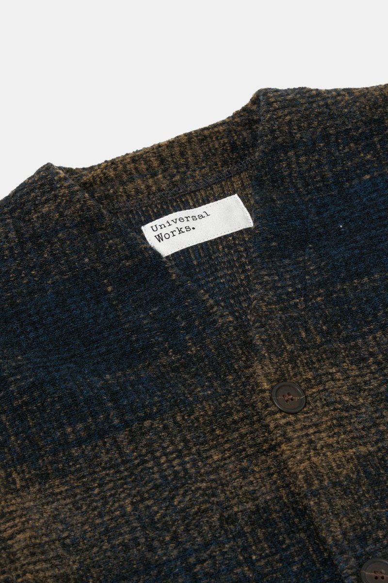 Universal Works Cardigan (Navy/Sand Agu Check Fleece) | Sweaters