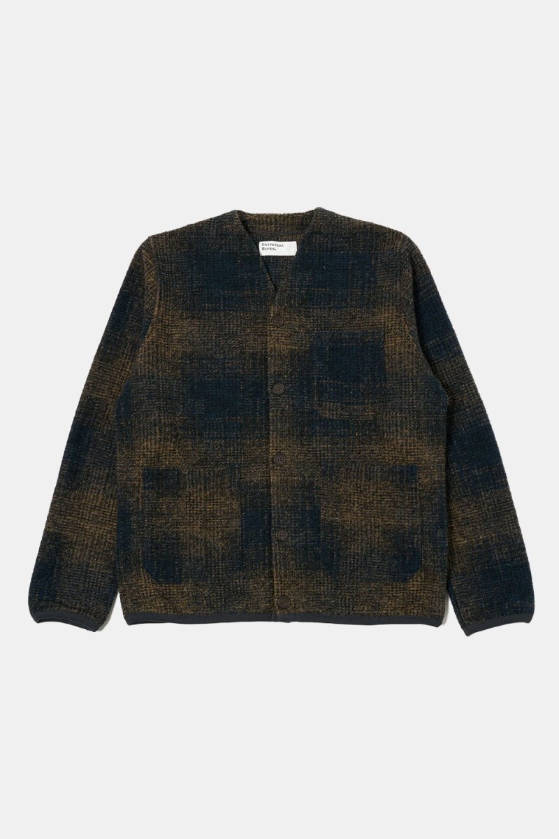 Universal Works Cardigan (Navy/Sand Agu Check Fleece) | Sweaters