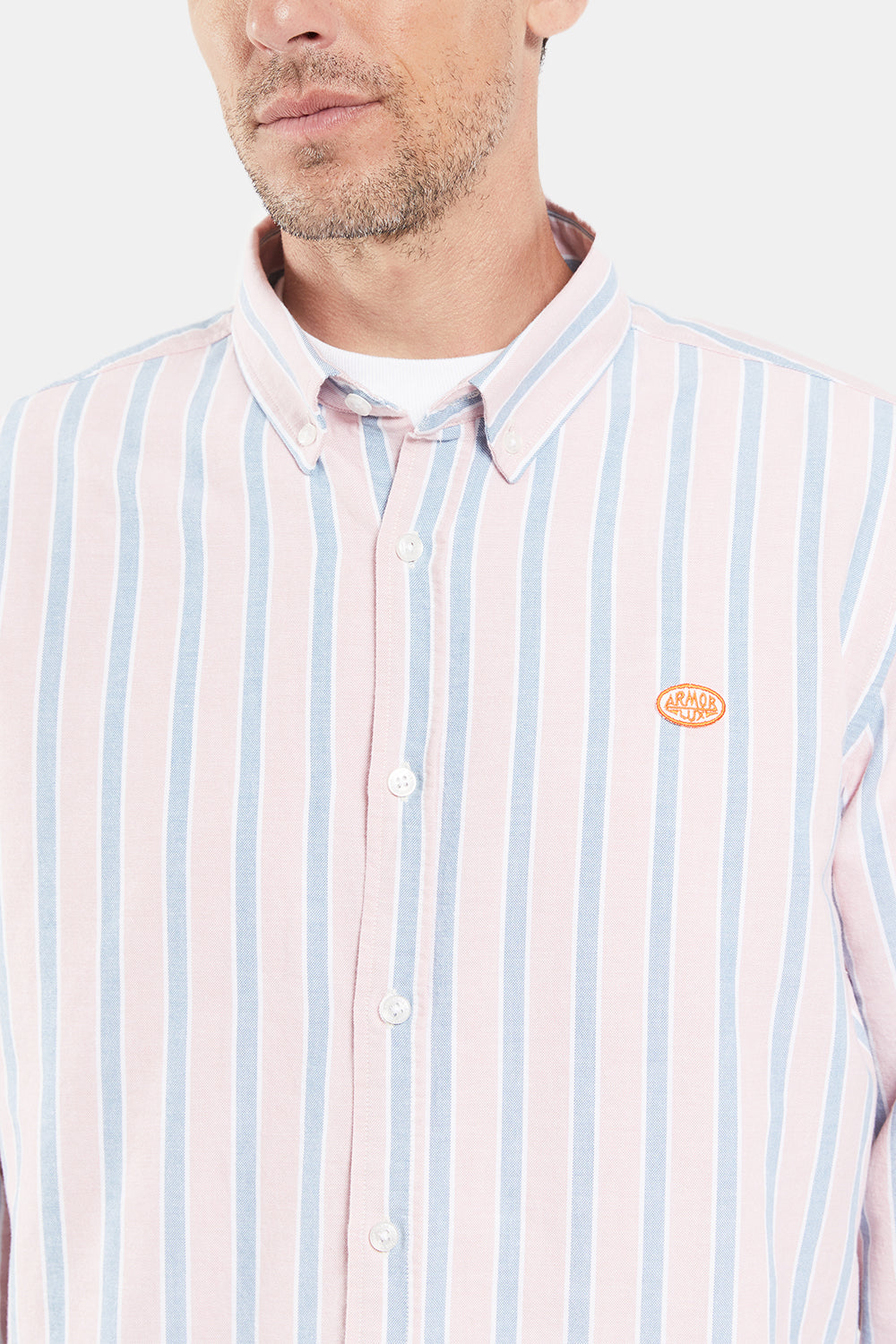 Armor Lux Oxford Stripe Henley Shirt (Pink White Blue) | Number Six