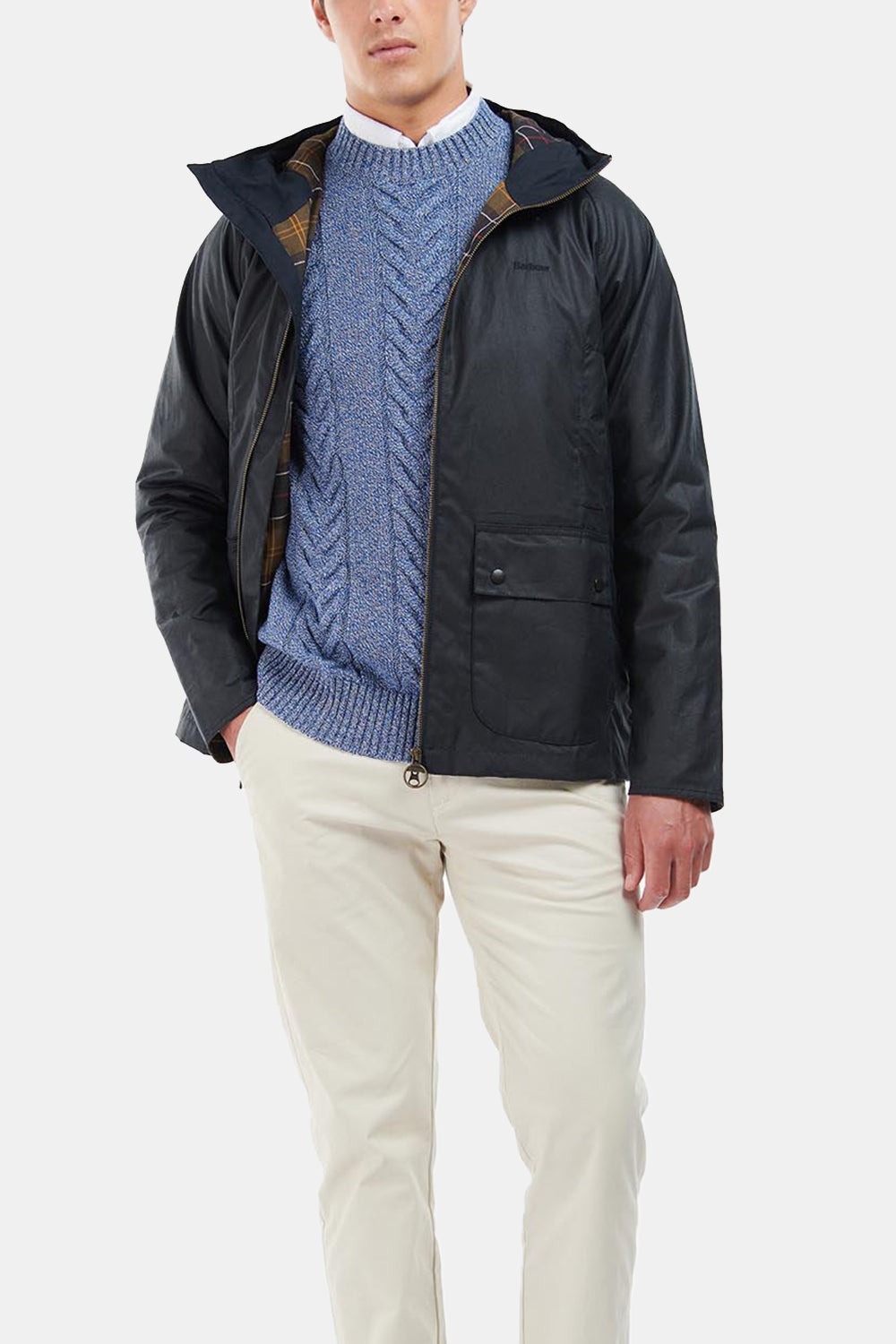 Barbour Hooded Domus Waxed Jacket (Navy/Classic) | Number Six