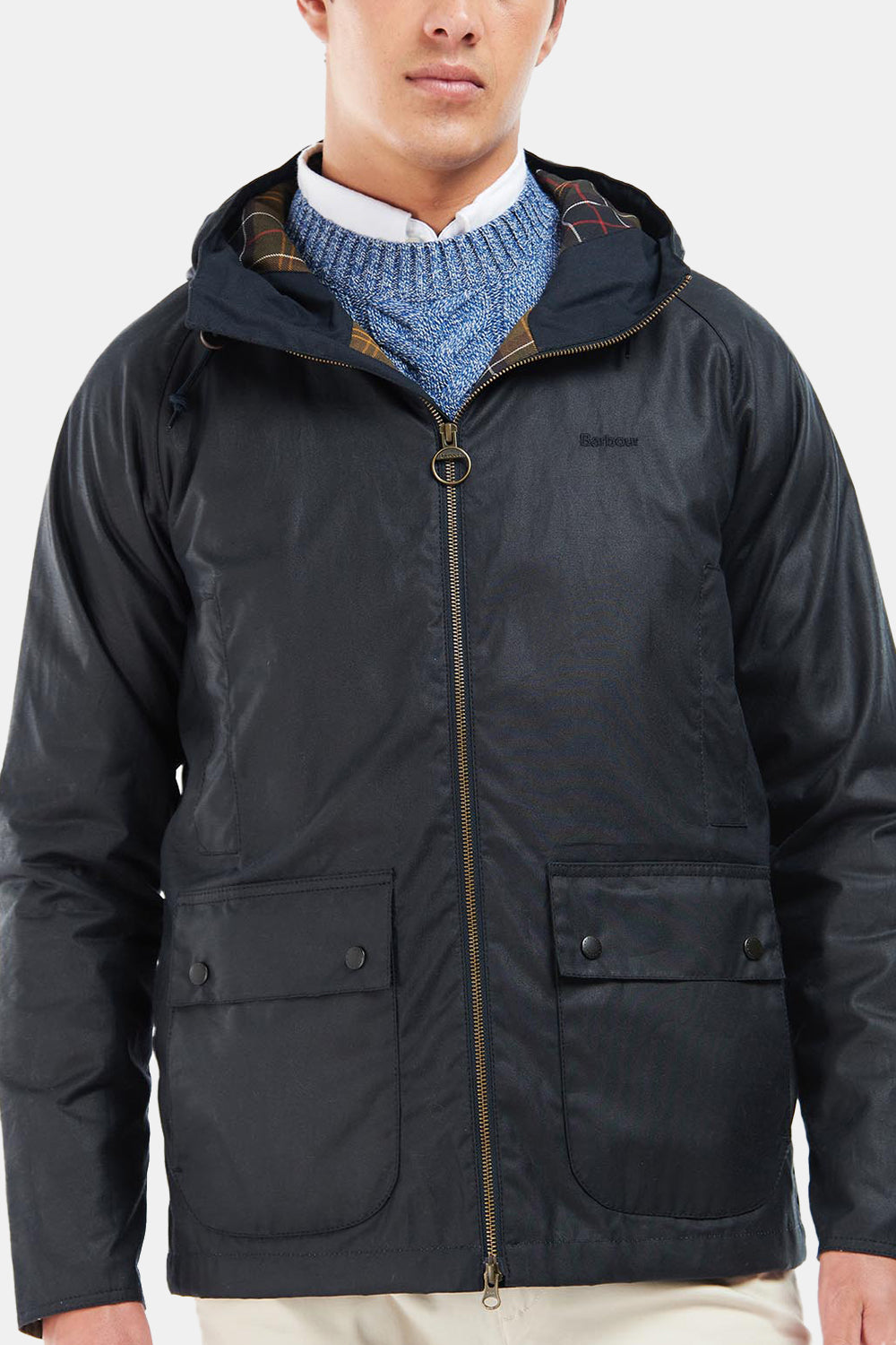 Barbour Hooded Domus Waxed Jacket (Navy/Classic) | Number Six